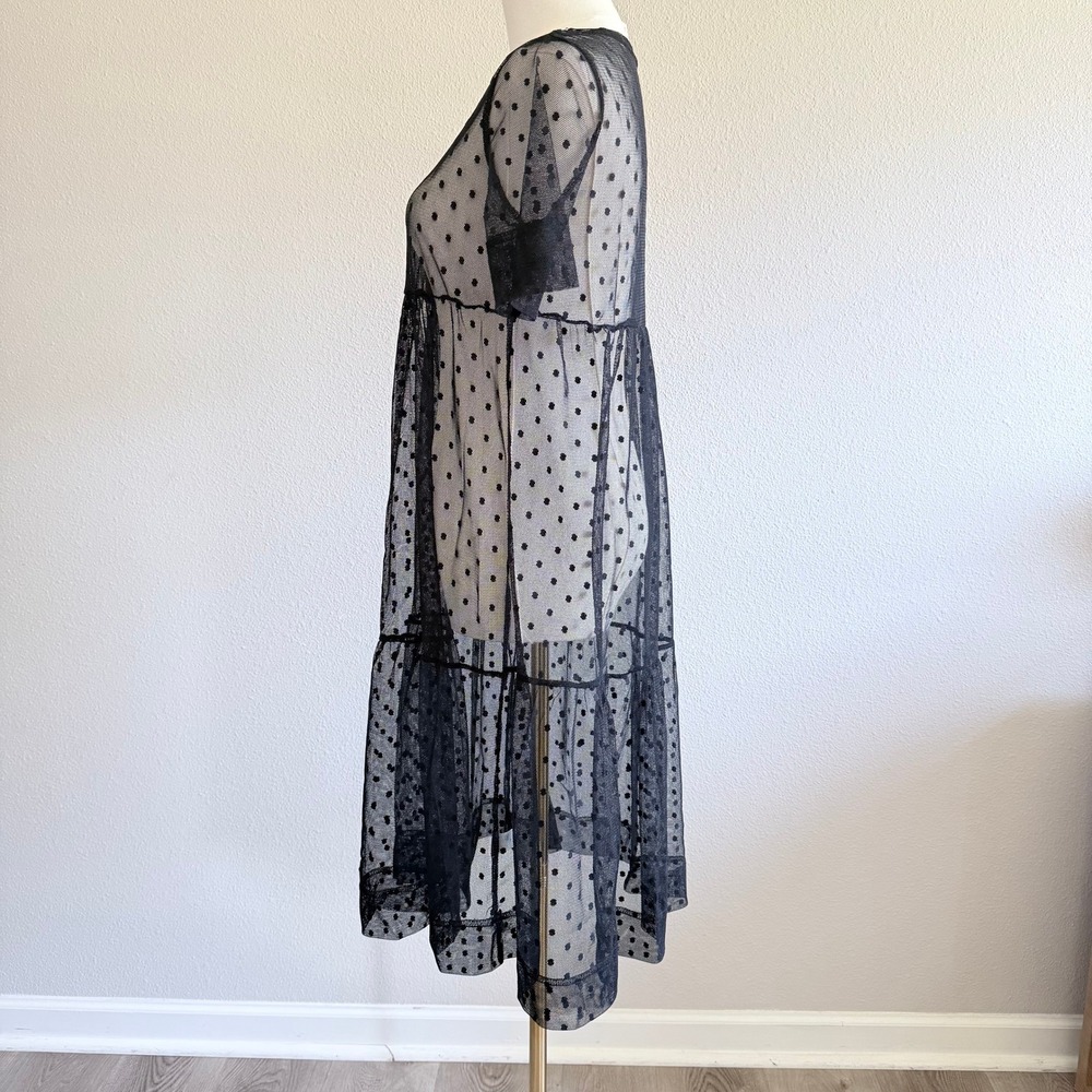 Sheer Black Polka Dot Mesh Midi Dress XS Gothcore Festival Beach Coverup - Picture 4 of 9